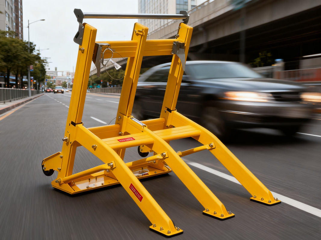 Sistema portátil de barreiras veiculares móveis, ideal para redirecionamento temporário de tráfego e gerenciamento de acesso ao local